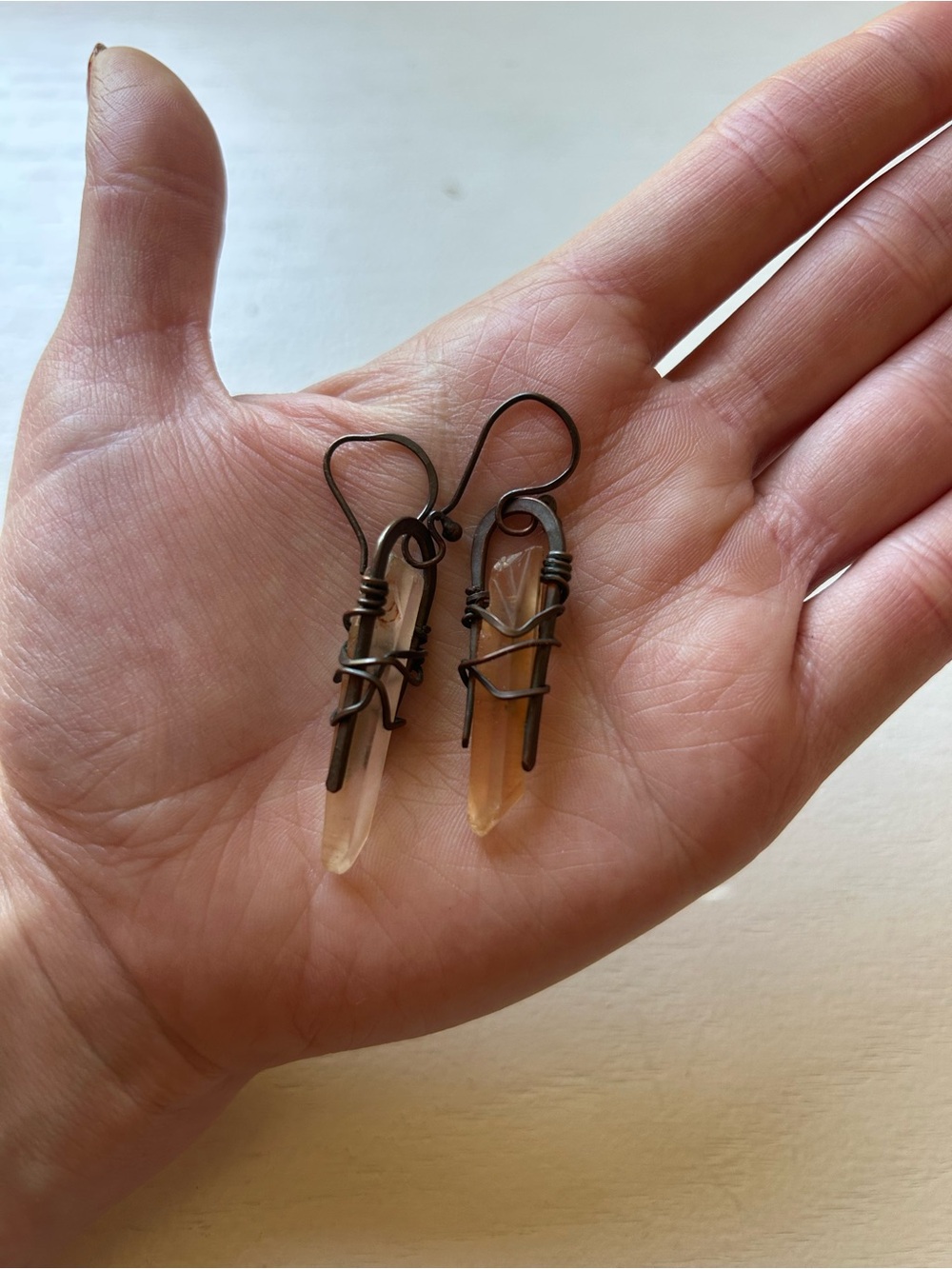 Handmade Copper Wire Wrapped Pink Citrine Crystal Dangle Earrings -